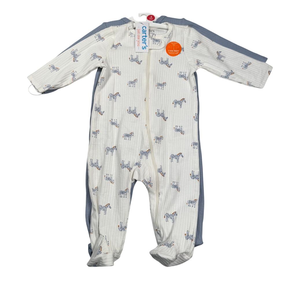 Carter's 2-Pack Sleepers Baby Boy 6 Months Solid Blue White w/Zebra Print NWT